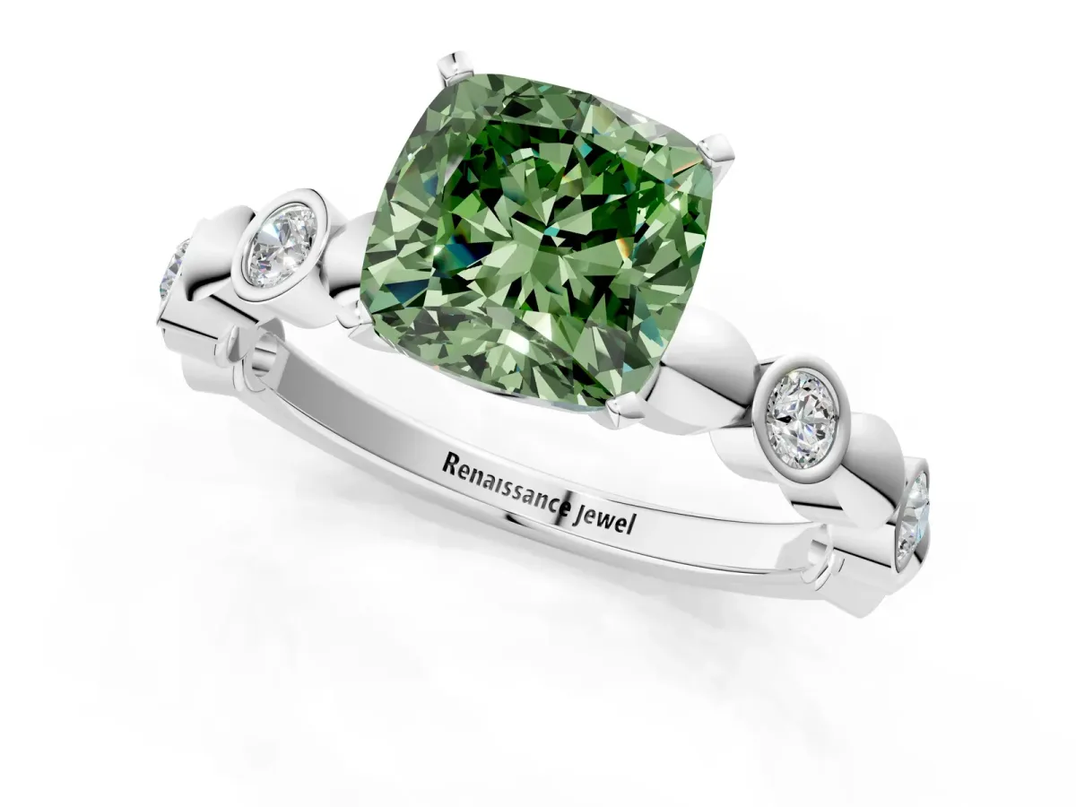 Fancy Green Cushion Cut Solitaire Bezel-Set Diamond Ring with Beaded Band and Four-Prong Setting Silver