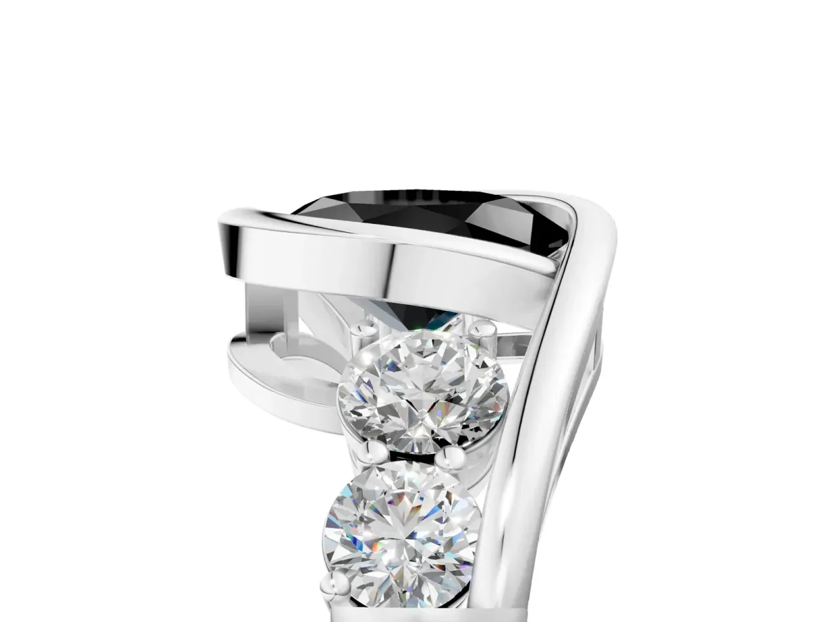 Fancy Black Bezel Set Oval Cut Diamond Bypass Ring with Round Accents Silver