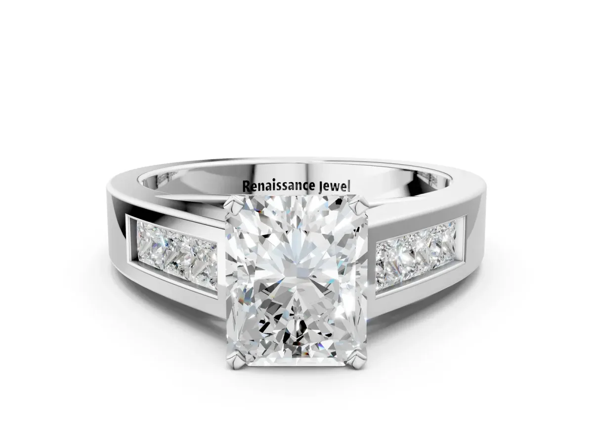 Radiant Cut Cut Channel Set Solitaire Ring with Four-Prong Setting White gold