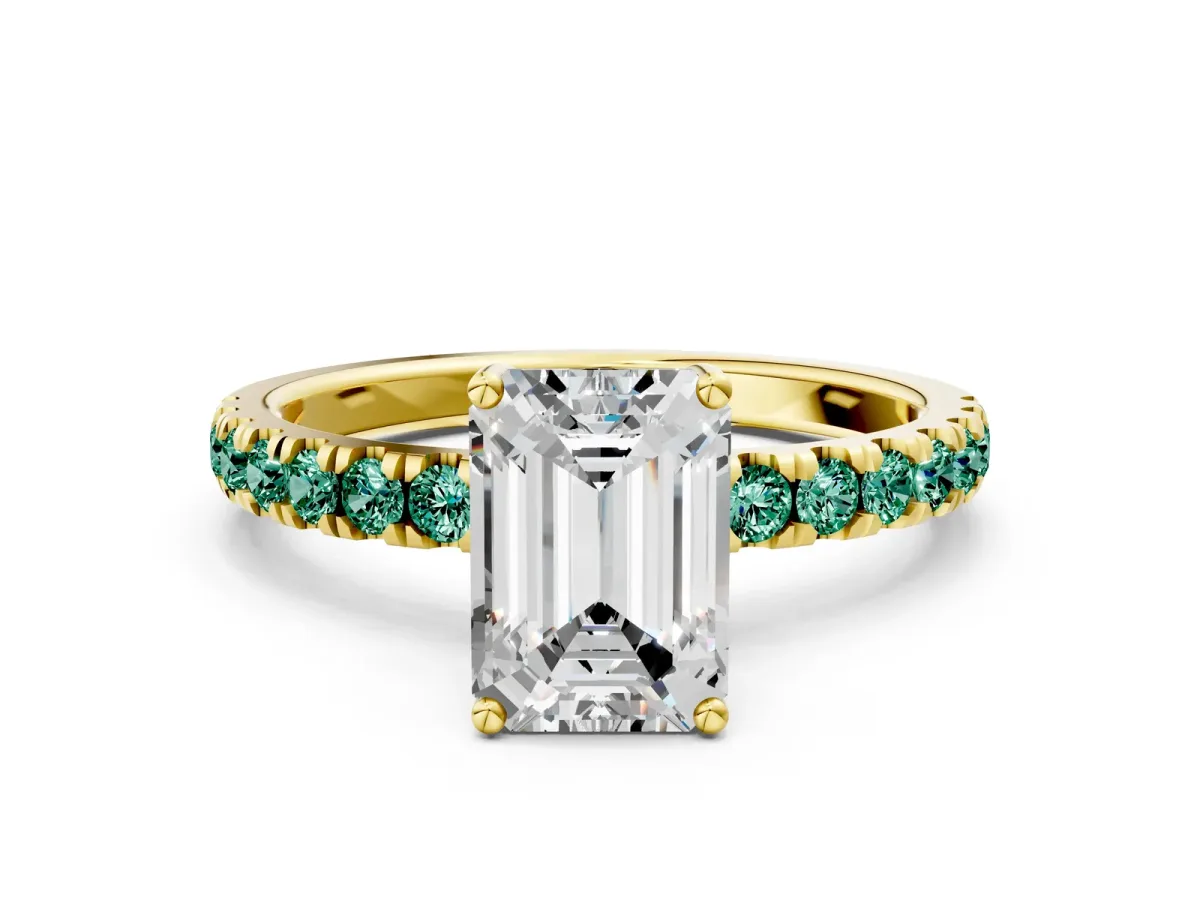 Emerald Cut Diamond Pave Band Solitaire Ring with Round Green Sapphire and Prong Setting Yellow gold