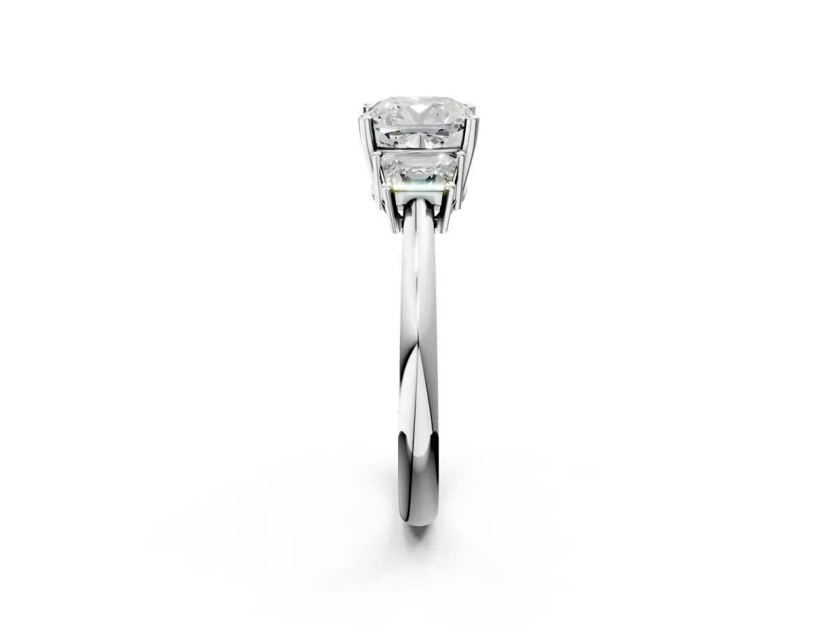 Cushion Cut Diamond Three-Stone Ring with Trapezoid Side Stones and Prong Setting Silver