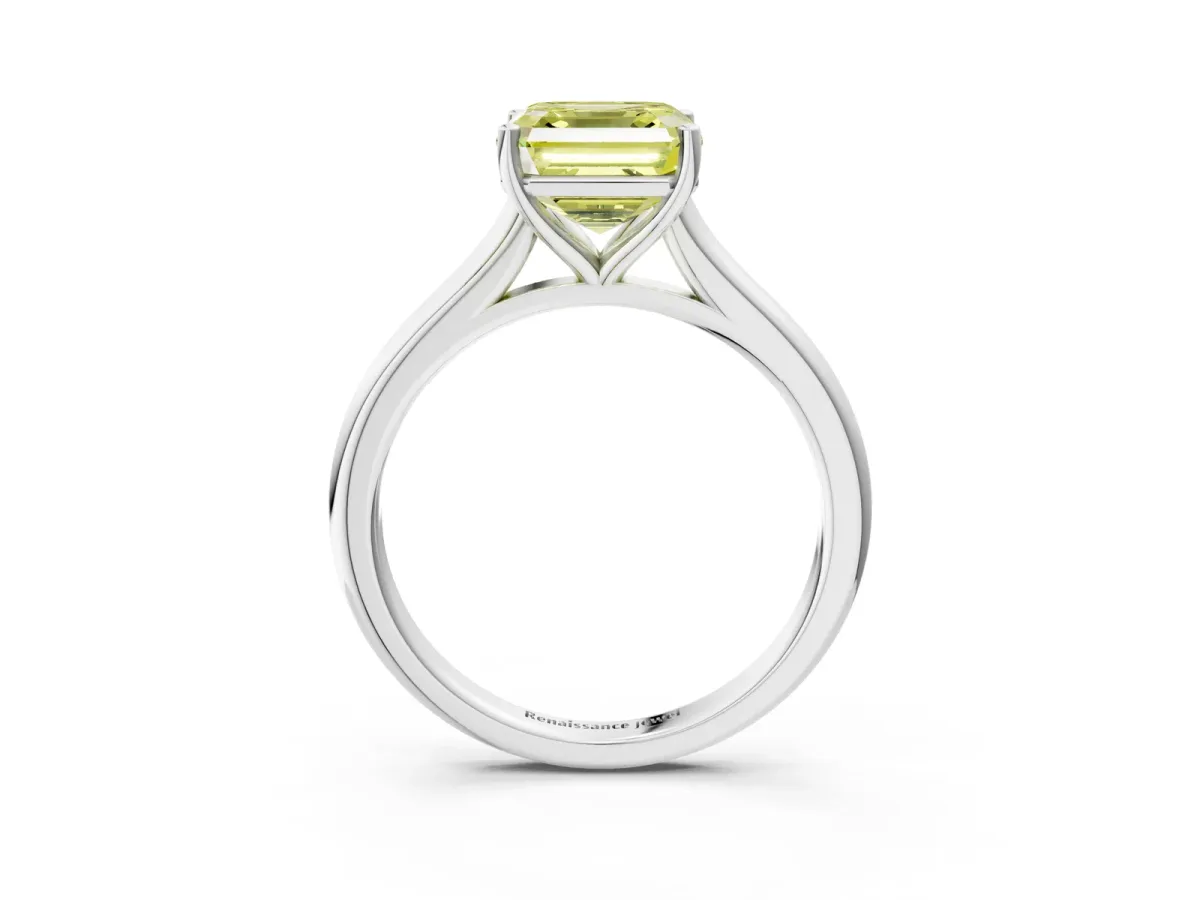 Fancy Yellow Asscher Cut Cut Solitaire Ring with Cathedral Band and Four-Prong Setting Platinum