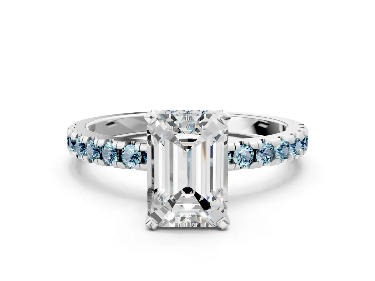 Emerald Cut Diamond Solitaire Ring with Round Aquamarine Pavé Band and Four-Prong Setting White gold