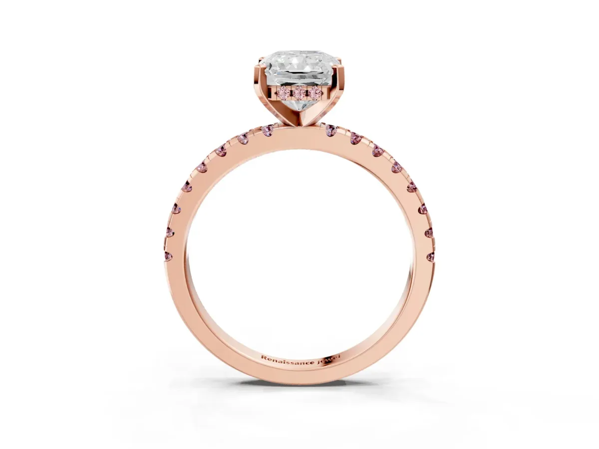 Radiant Cut Diamond Solitaire Ring with Round Morganite Pavé Band and Four-Prong Setting Rose gold