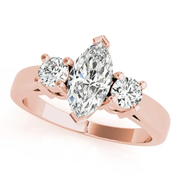 Three-Stone Round Cut Diamond Solitaire with Round Accents and Prong Setting on a Classic Band Rose gold