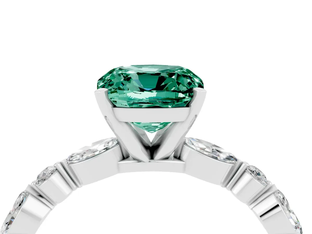 Cushion Cut Green Sapphire Ring with Marquise and Round Side Stones and Four-Prong Setting Platinum