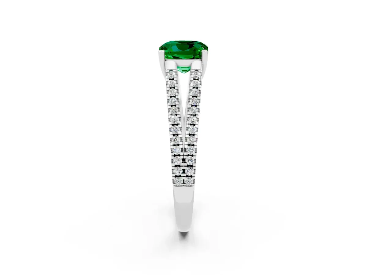 Cushion Cut Emerald Solitaire Engagement Ring with Split Shank Pavé Band Silver