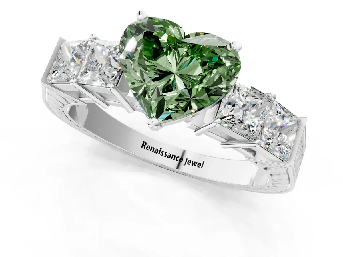 Fancy Green Heart Cut Solitaire Princess Side Stone Engraved Band Prong Setting Ring Silver