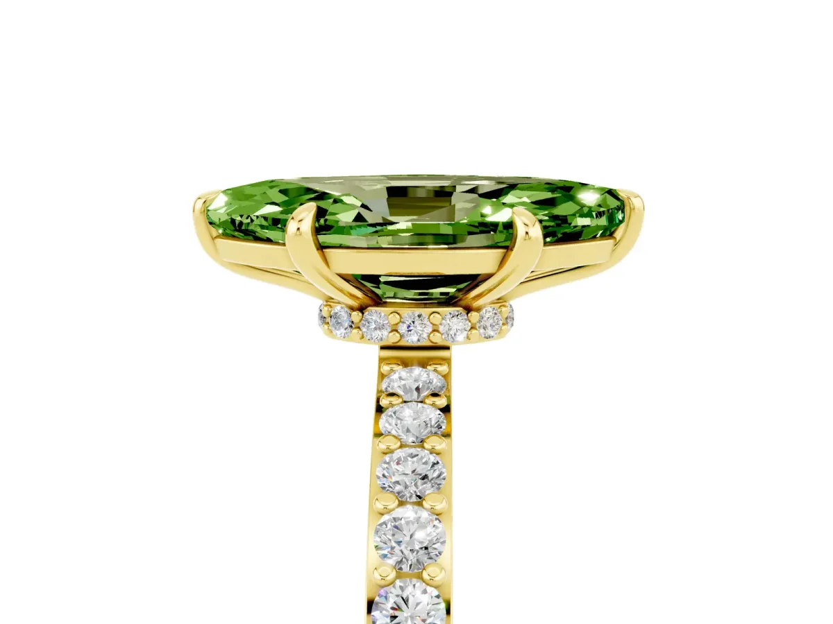 Marquise Cut Peridot Solitaire Engagement Ring with Pavé Band and Four-Prong Setting Yellow gold
