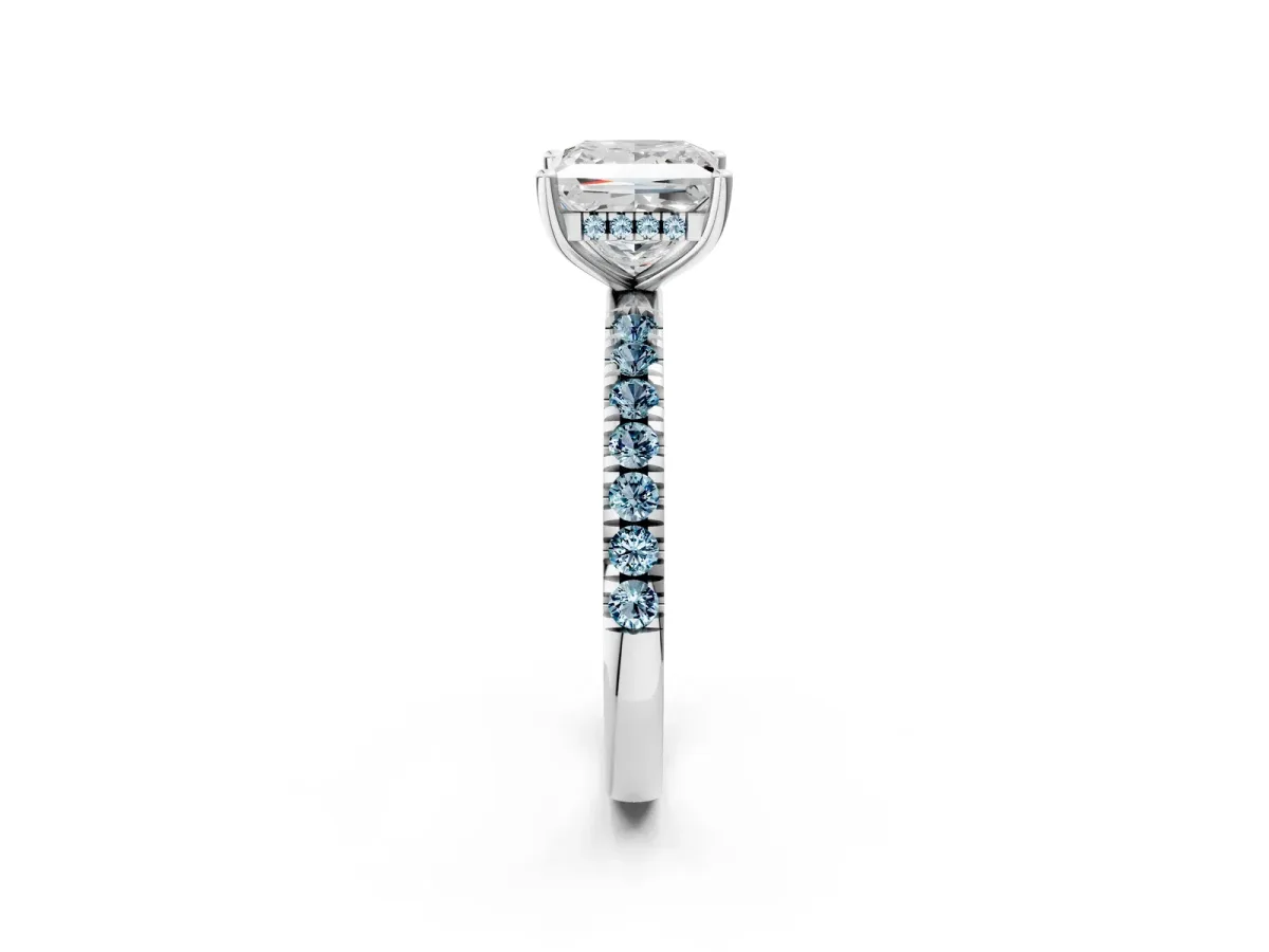 Princess Cut Diamond Pave Band Solitaire Ring with Round Aquamarine and Prong Setting White gold
