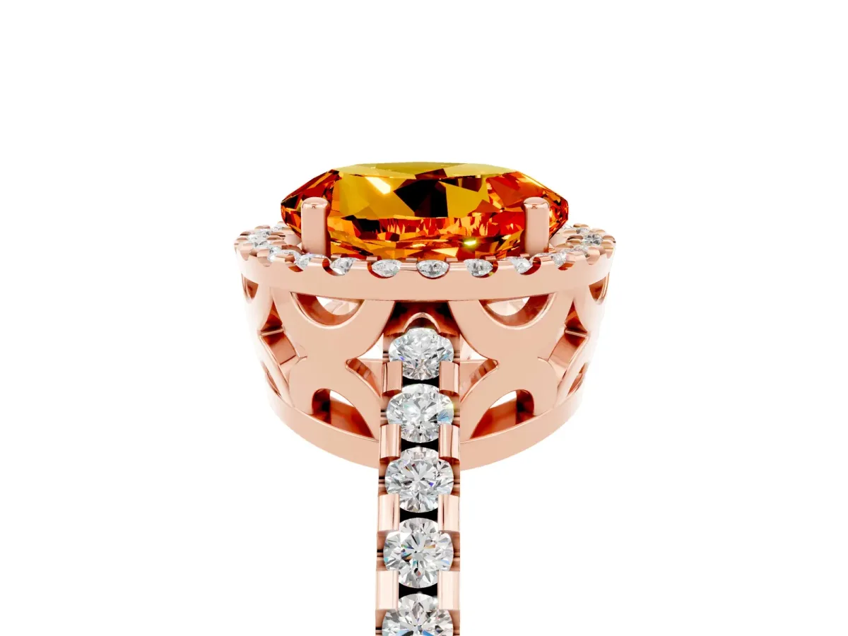 Round Cut Citrine Halo Engagement Ring with Pavé Band and Prong Setting Rose gold