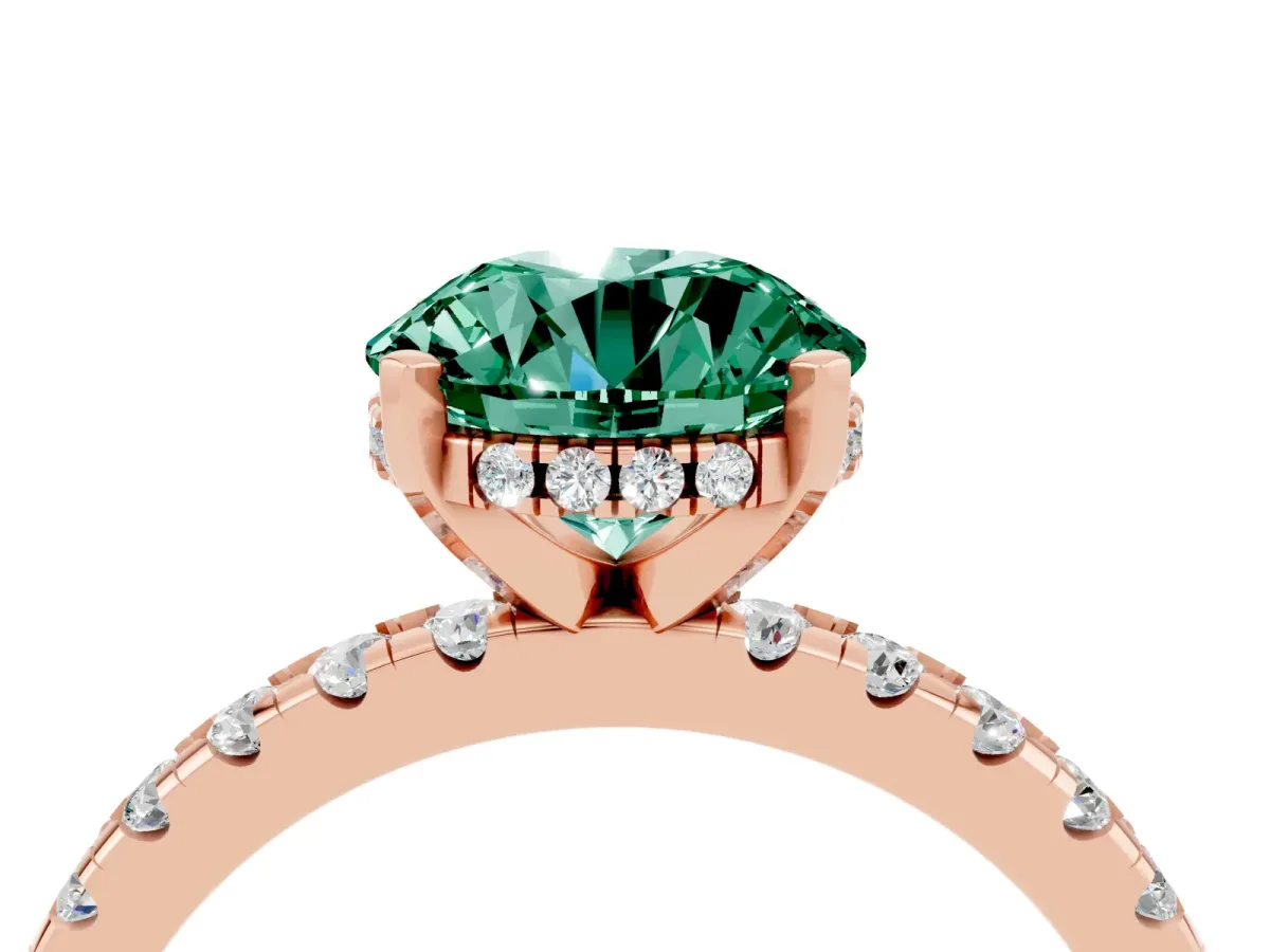 Round Cut Green Sapphire Solitaire Ring with Round Pavé Band and Four-Prong Setting Rose gold
