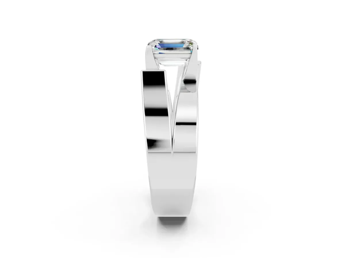 Modern Tension Set Emerald Cut Moissanite Solitaire Wide Band Ring Platinum