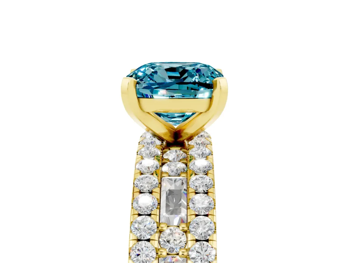 Cushion Cut Blue Topaz Solitaire Ring with Pavé and Channel Set Band Yellow gold