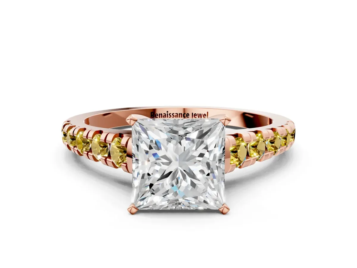 Princess Cut Diamond Cathedral Solitaire Ring with Round Yellow Sapphire Pavé Band Rose gold