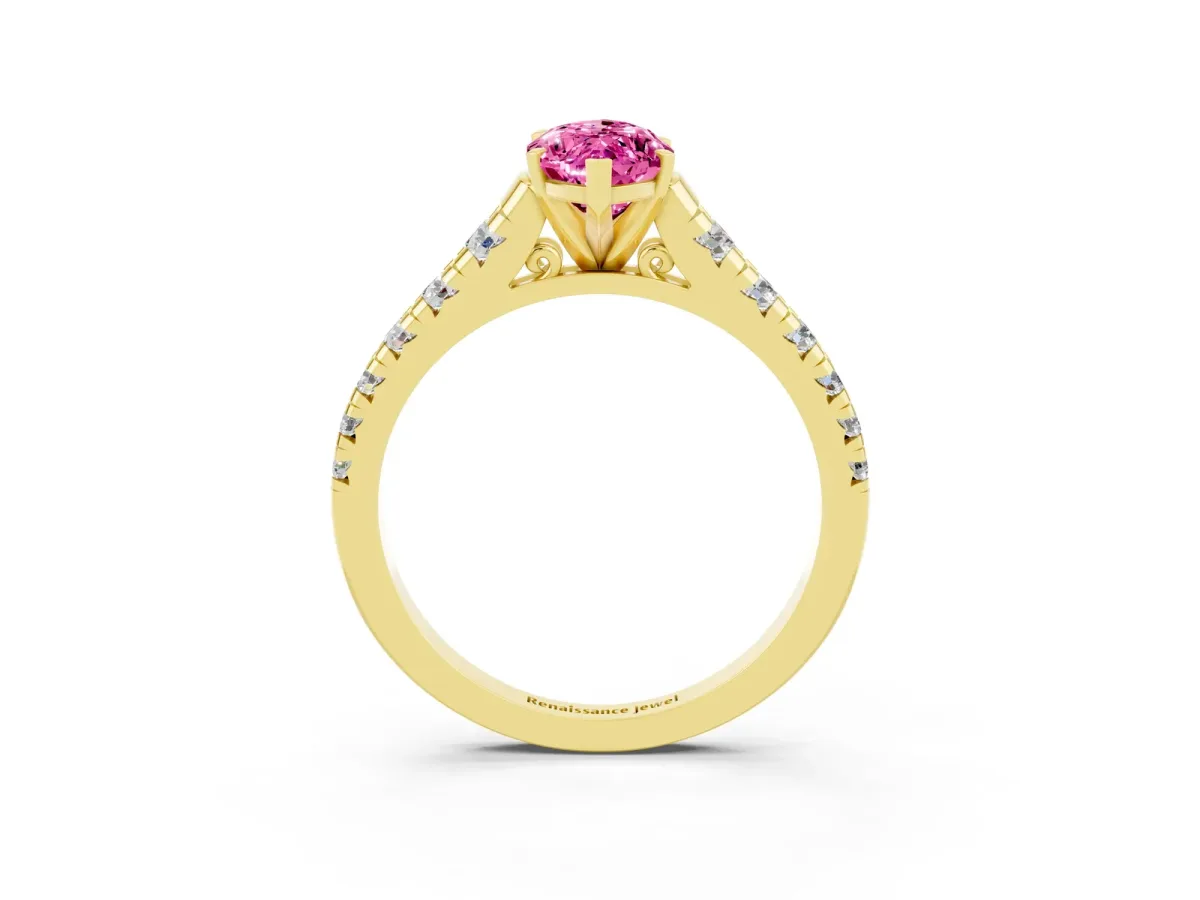 Marquise Cut Pink Sapphire Cathedral Solitaire Ring with Round Pavé Band Yellow gold