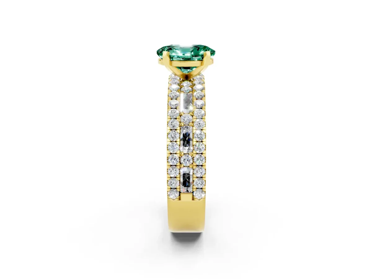 Oval Cut Green Sapphire Solitaire Ring with Pavé and Channel Set Band Yellow gold