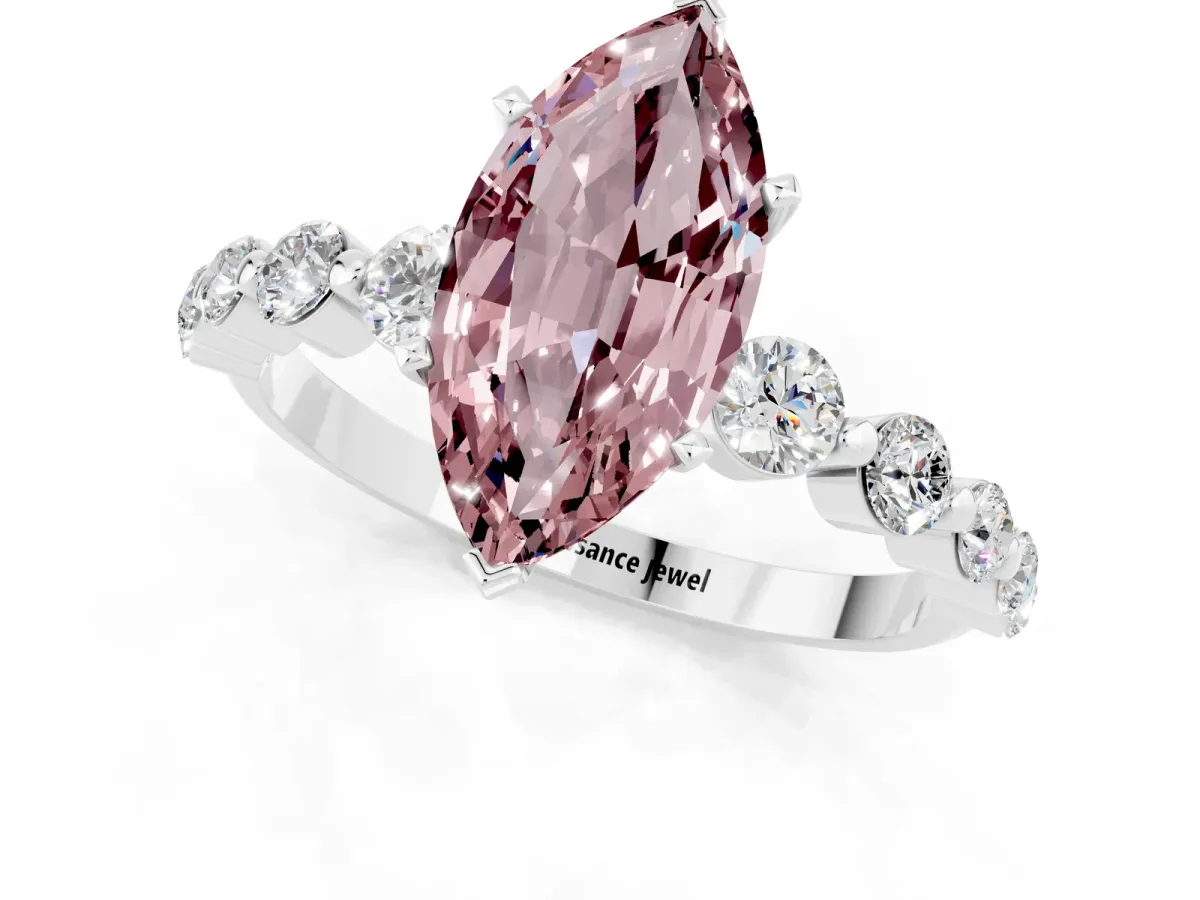 Marquise Cut Solitaire Morganite Ring with Pave Band and Four-Prong Setting Silver