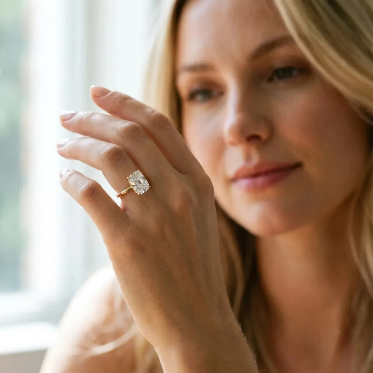 Old Mine Elongated Cushion Diamond Classic Band Four Prong Solitaire Ring Yellow gold
