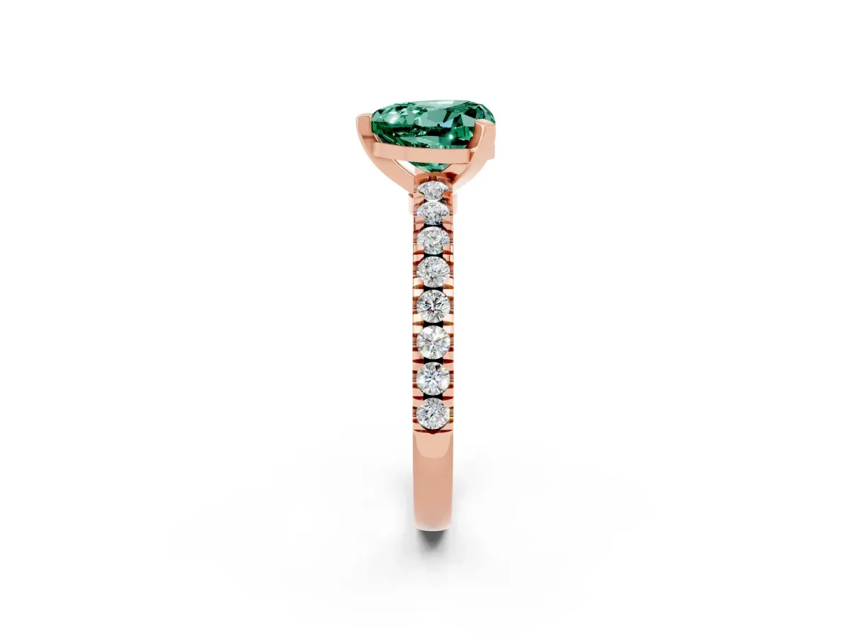 Heart Cut Solitaire Green Sapphire with Pavé Band and Four-Prong Setting Rose gold