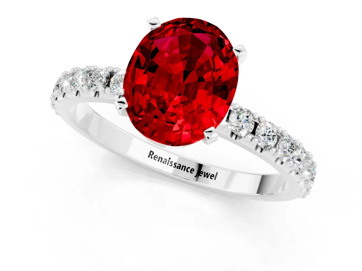 Oval Cut Ruby Solitaire Pavé Band with Four-Prong Setting Silver