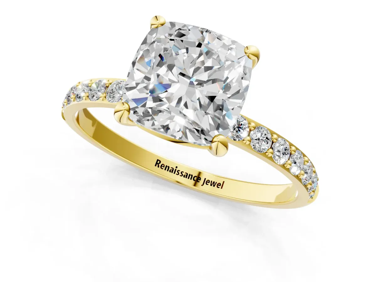Cushion Cut Diamond Solitaire Ring with Round Pavé Band and Prong Setting Yellow gold