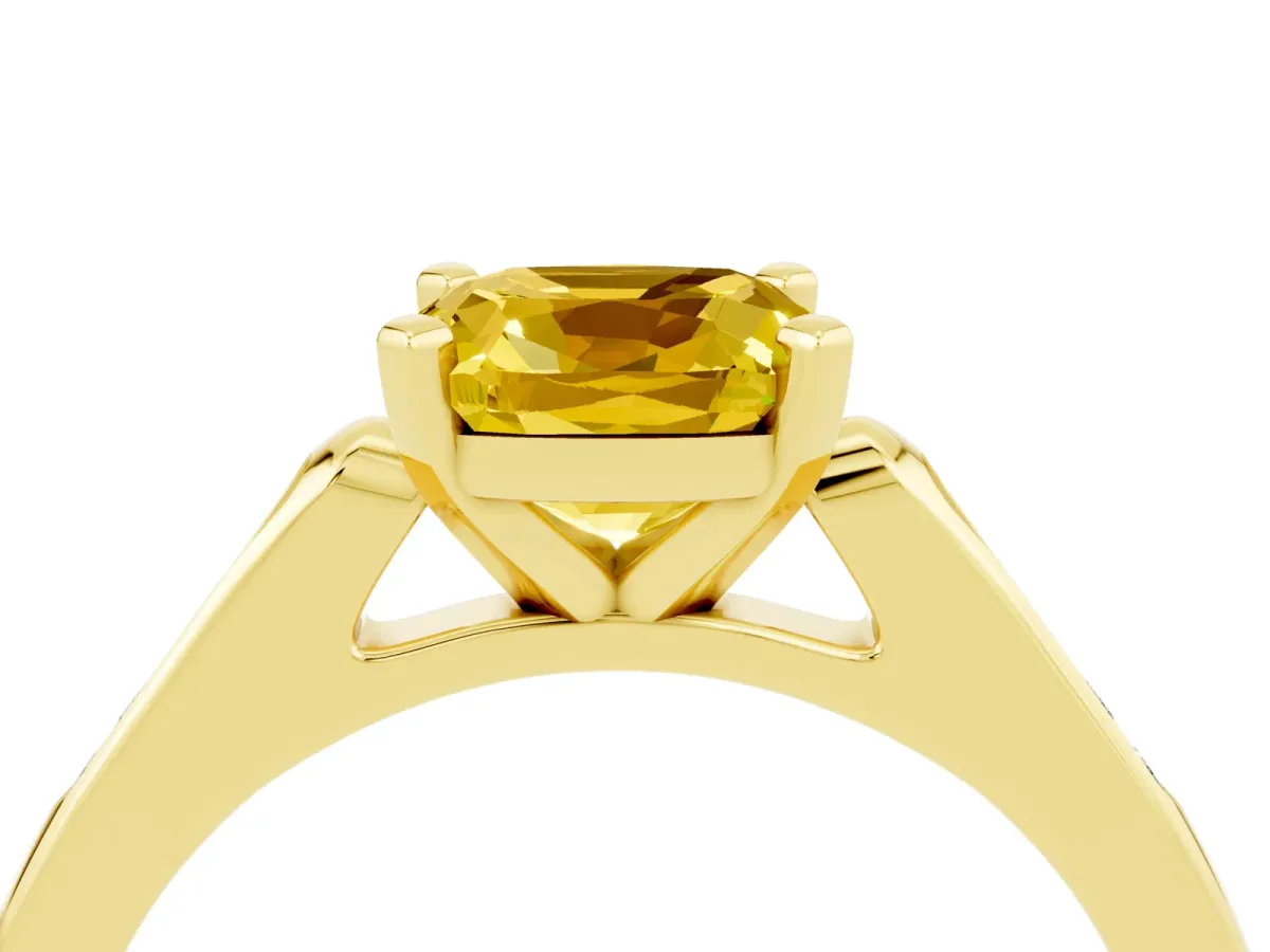 Cushion Cut Yellow Sapphire Solitaire Ring with Channel Set Round Band and Prong Setting Yellow gold