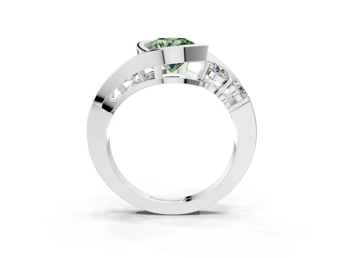 Fancy Green Bezel Set Round Cut Diamond Bypass Ring with Round Accents Platinum
