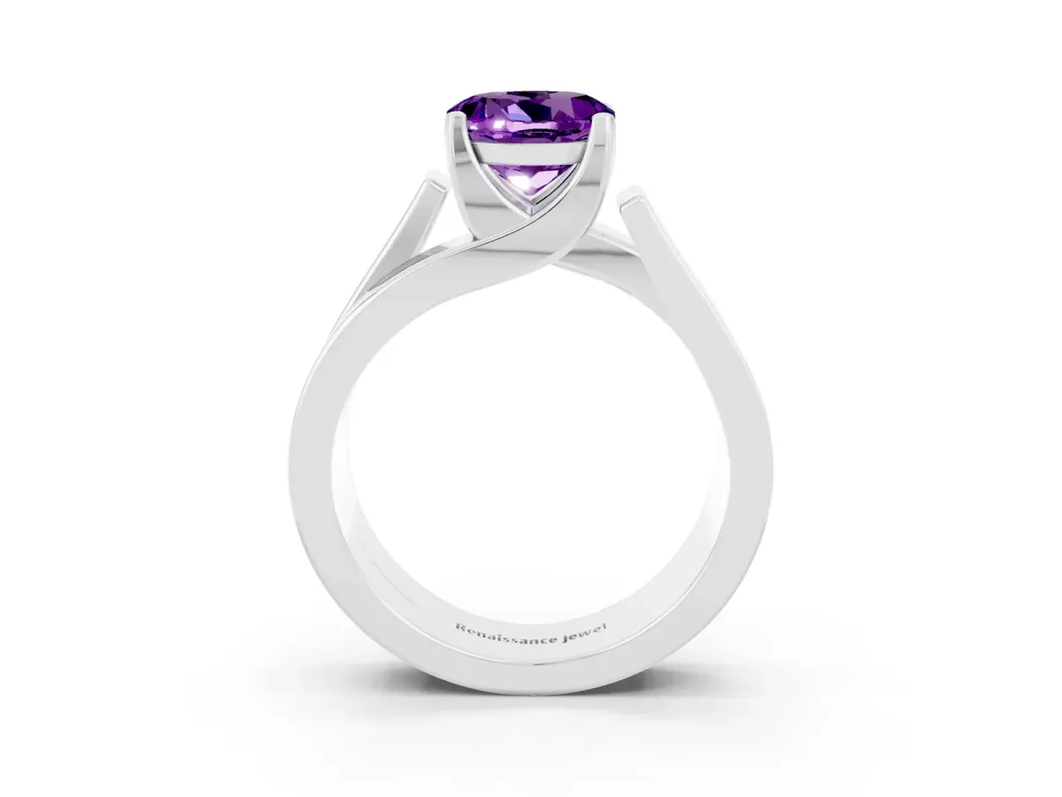 Modern Tension Set Round Cut Amethyst Solitaire Wide Band Ring Silver
