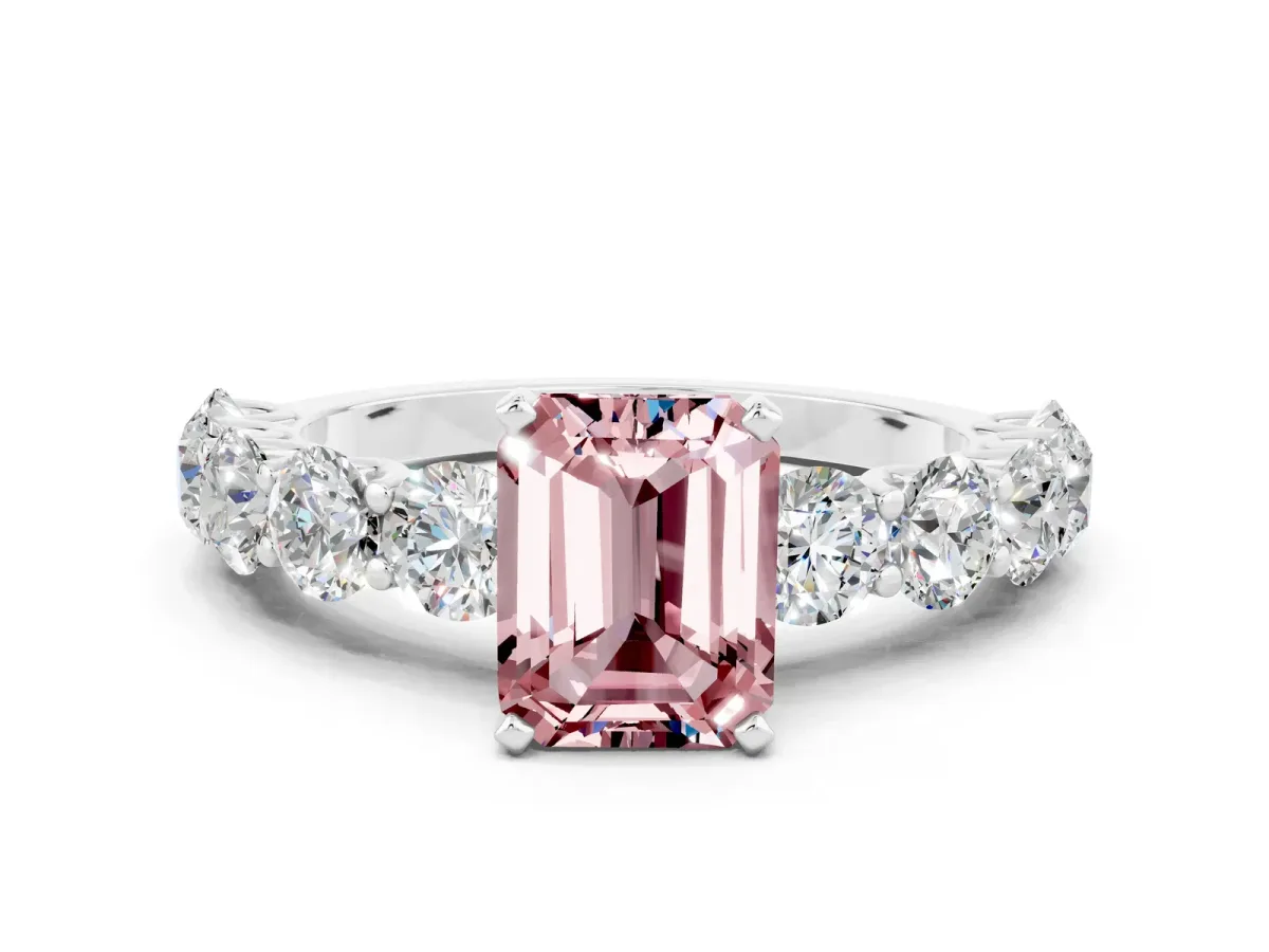 Emerald Cut Morganite Prong Setting with Side Stones on a Pave Band Silver