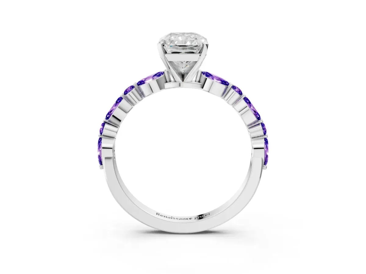 Radiant Cut Diamond Ring with Marquise and Round Tanzanite Side Stones and Four-Prong Setting White gold