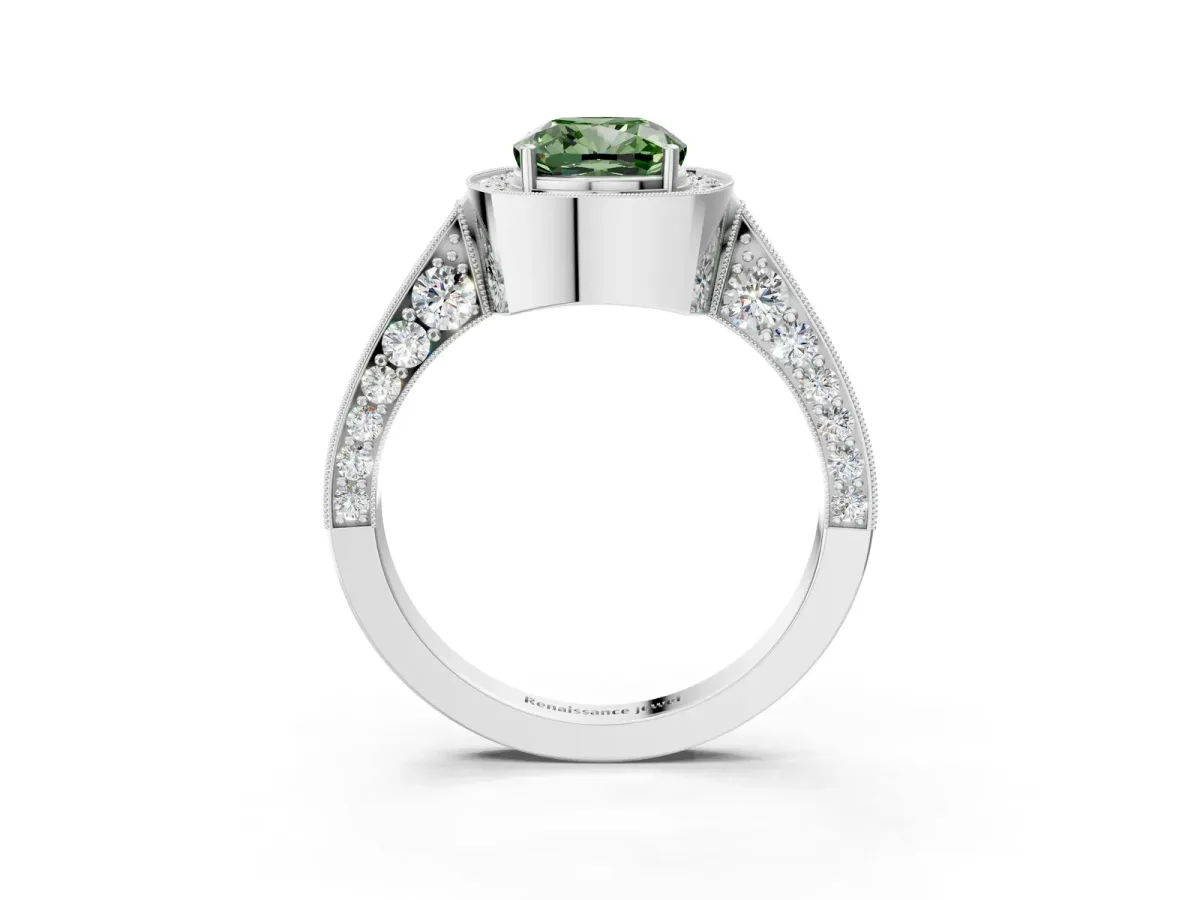 Fancy Green Cushion Cut Halo Diamond Engagement Ring with Split Shank Band and Four-Prong Setting White gold