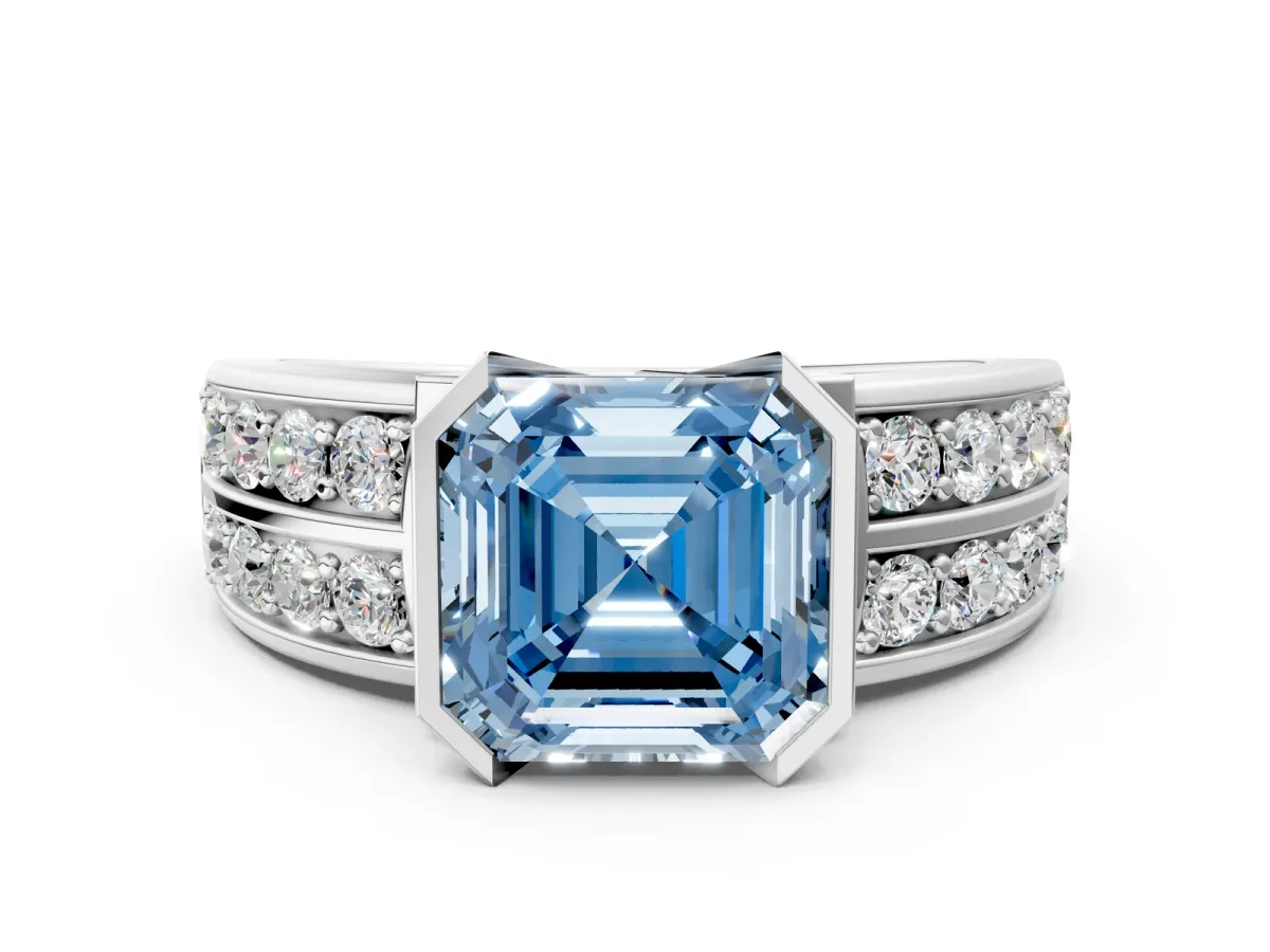Fancy Blue Asscher Cut Brilliant Diamond Channel Set Wide Band Ring with Bezel Setting Platinum