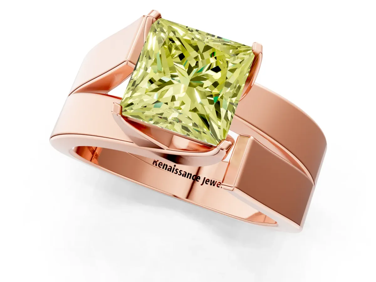 Fancy Yellow Modern Tension Set Princess Cut Diamond Solitaire Wide Band Ring Rose gold
