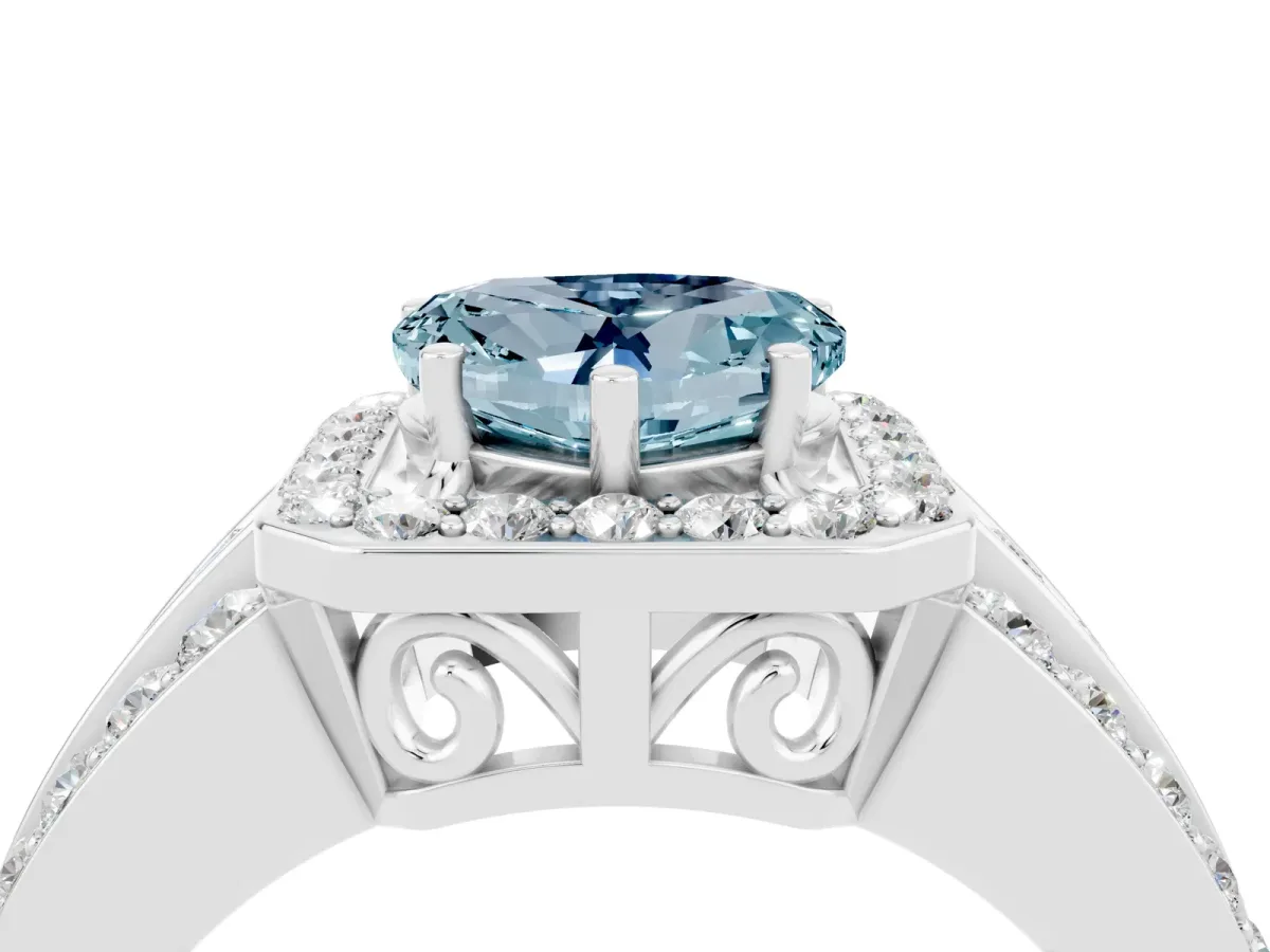 Heart Cut Halo Aquamarine Ring with Round Split Shank and Prong Setting White gold