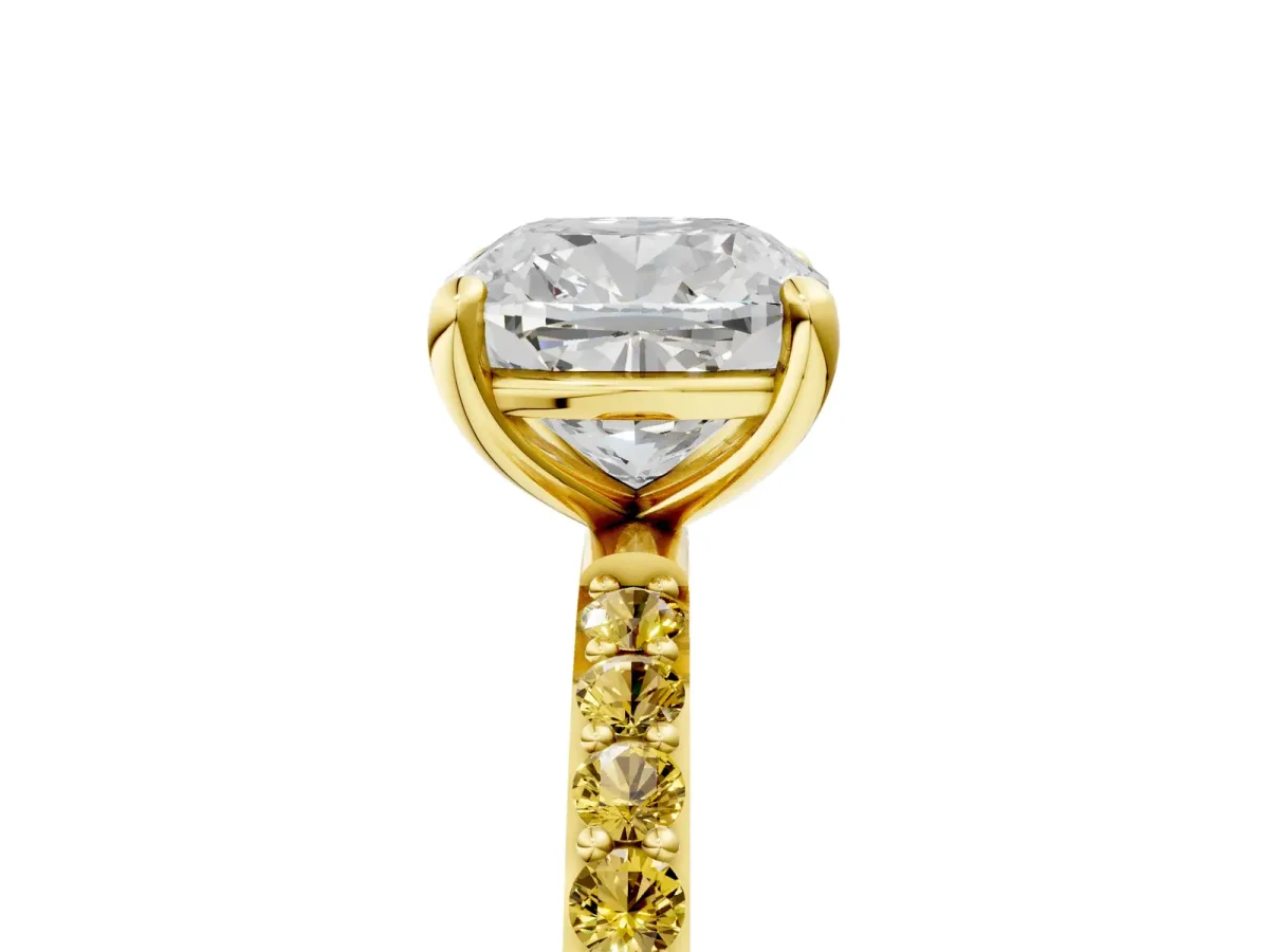 Cushion Cut Diamond Solitaire Ring with Round Yellow Sapphire Pavé Band and Prong Setting Yellow gold