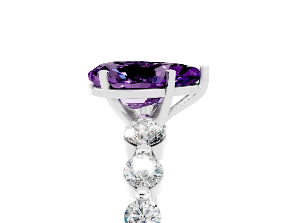 Pear Cut Solitaire Amethyst Ring with Pave Band and Four-Prong Setting White gold