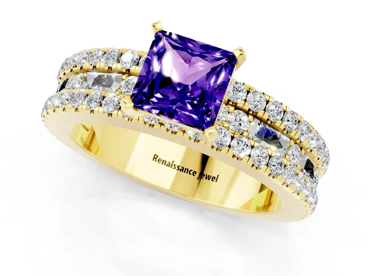Princess Cut Tanzanite Solitaire Ring with Pavé and Channel Set Band Yellow gold