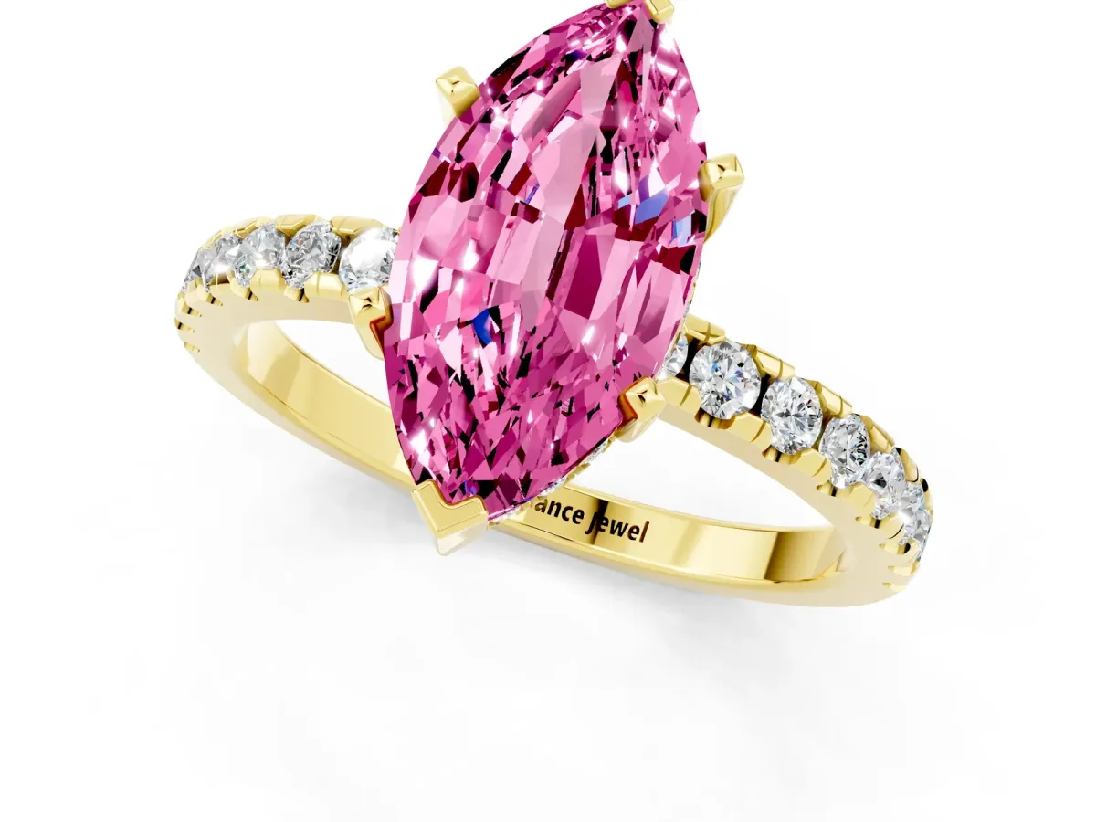 Marquise Cut Pink Sapphire Solitaire Ring with Round Pavé Band and Four-Prong Setting Yellow gold