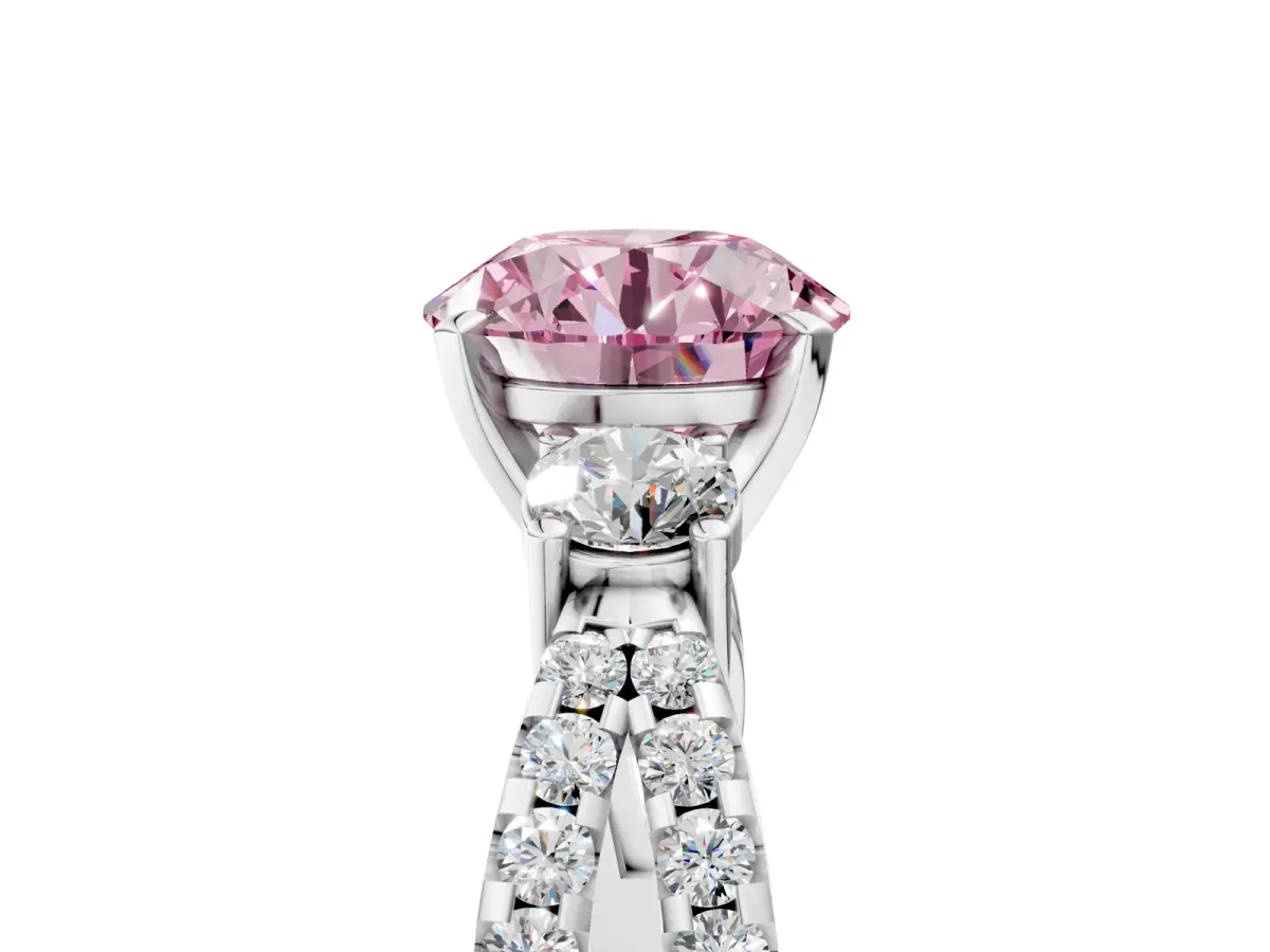 Fancy Pink Round Cut Diamond Three-Stone Ring with Pavé Split Shank and Four-Prong Setting Silver