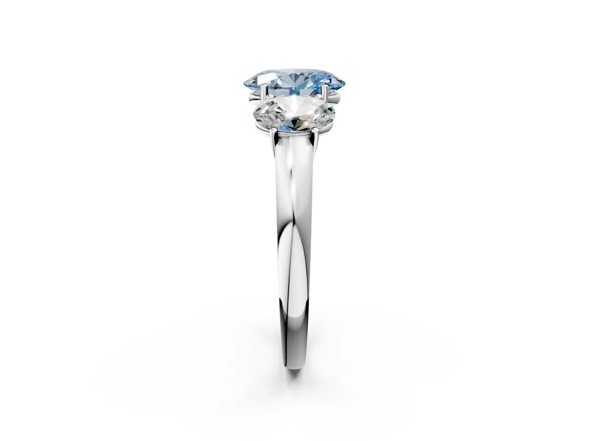 Fancy Blue Oval Cut Diamond Three-Stone Ring with Four-Prong Setting and Classic Band White gold