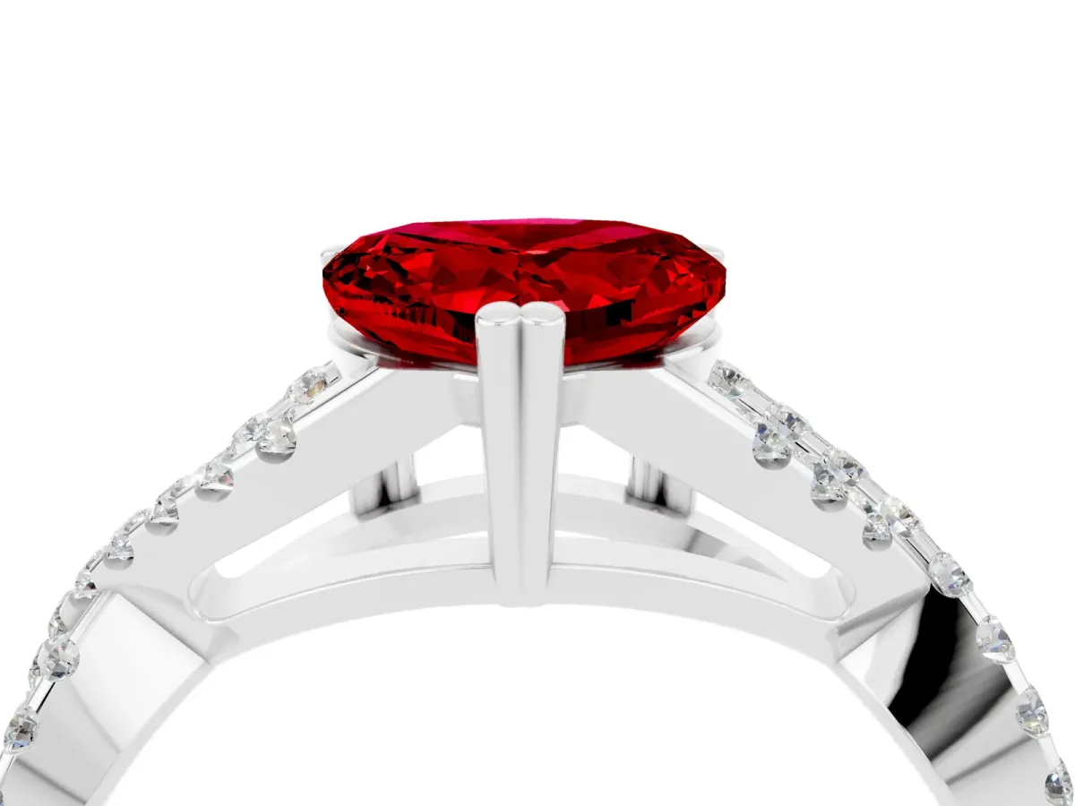 Heart Cut Ruby Solitaire Ring with Four-Prong Setting and Twisted Pavé Band Silver