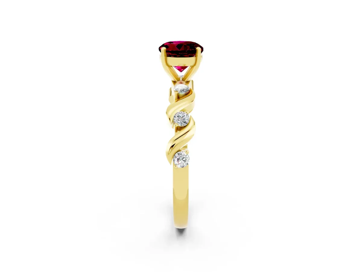 Round Cut Garnet Solitaire Twisted Band with Round Accents and Prong Setting Yellow gold