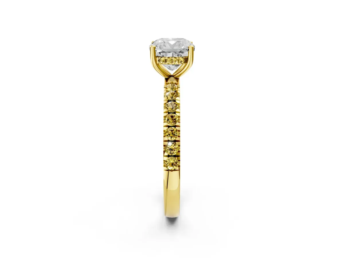 Cushion Cut Diamond Pave Band Solitaire Ring with Round Yellow Sapphire and Prong Setting Yellow gold