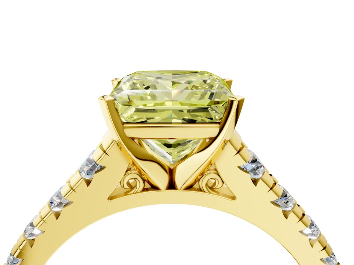 Fancy Yellow Princess Cut Diamond Cathedral Solitaire Ring with Round Pavé Band Yellow gold
