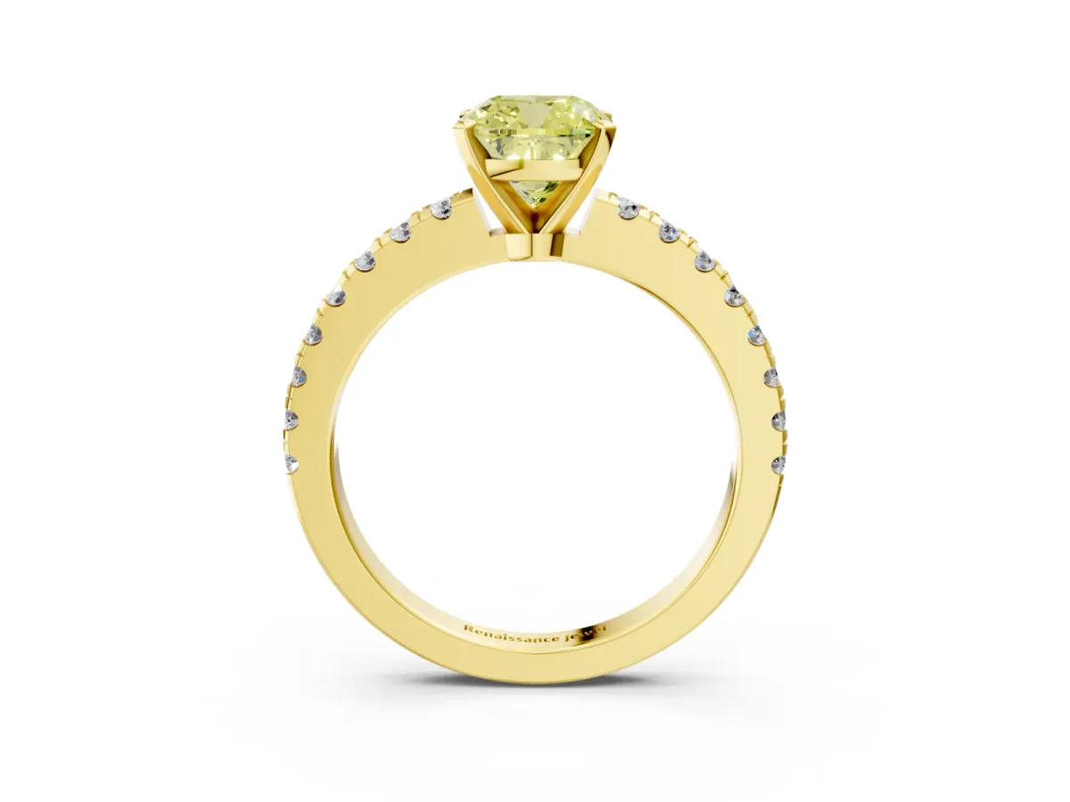 Fancy Yellow Cushion Cut Solitaire Diamond with Pavé Band and Four-Prong Setting Yellow gold