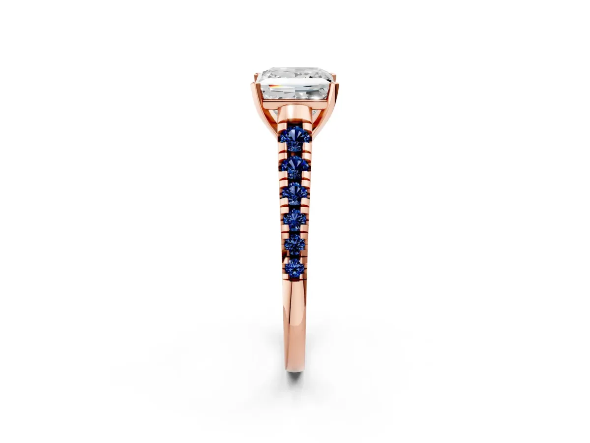 Princess Cut Diamond Cathedral Solitaire Ring with Round Blue Sapphire Pavé Band Rose gold