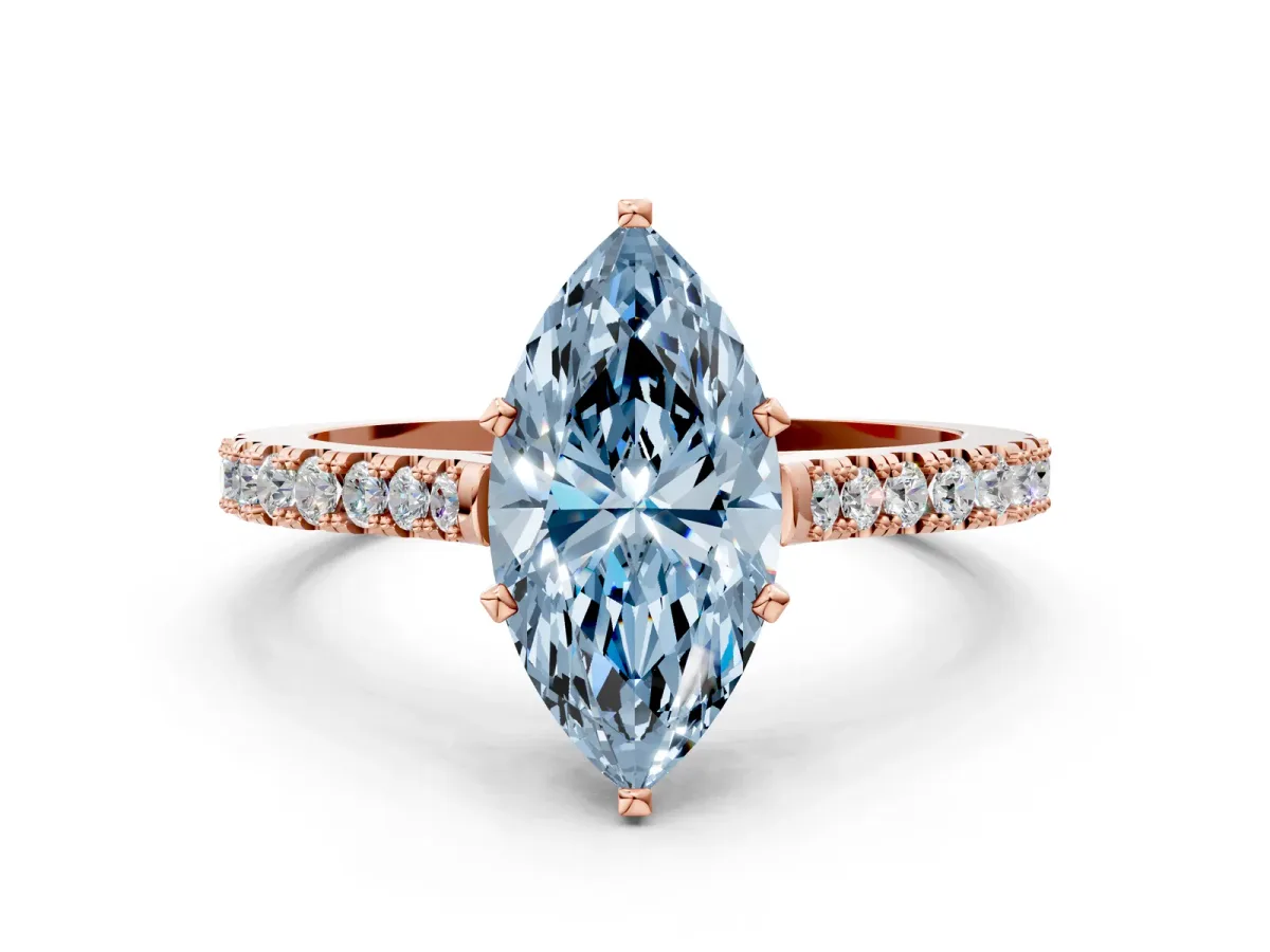 Fancy Blue Marquise Cut Cut Solitaire Diamond Engagement Ring with Pave Band and Four-Prong Setting Rose gold