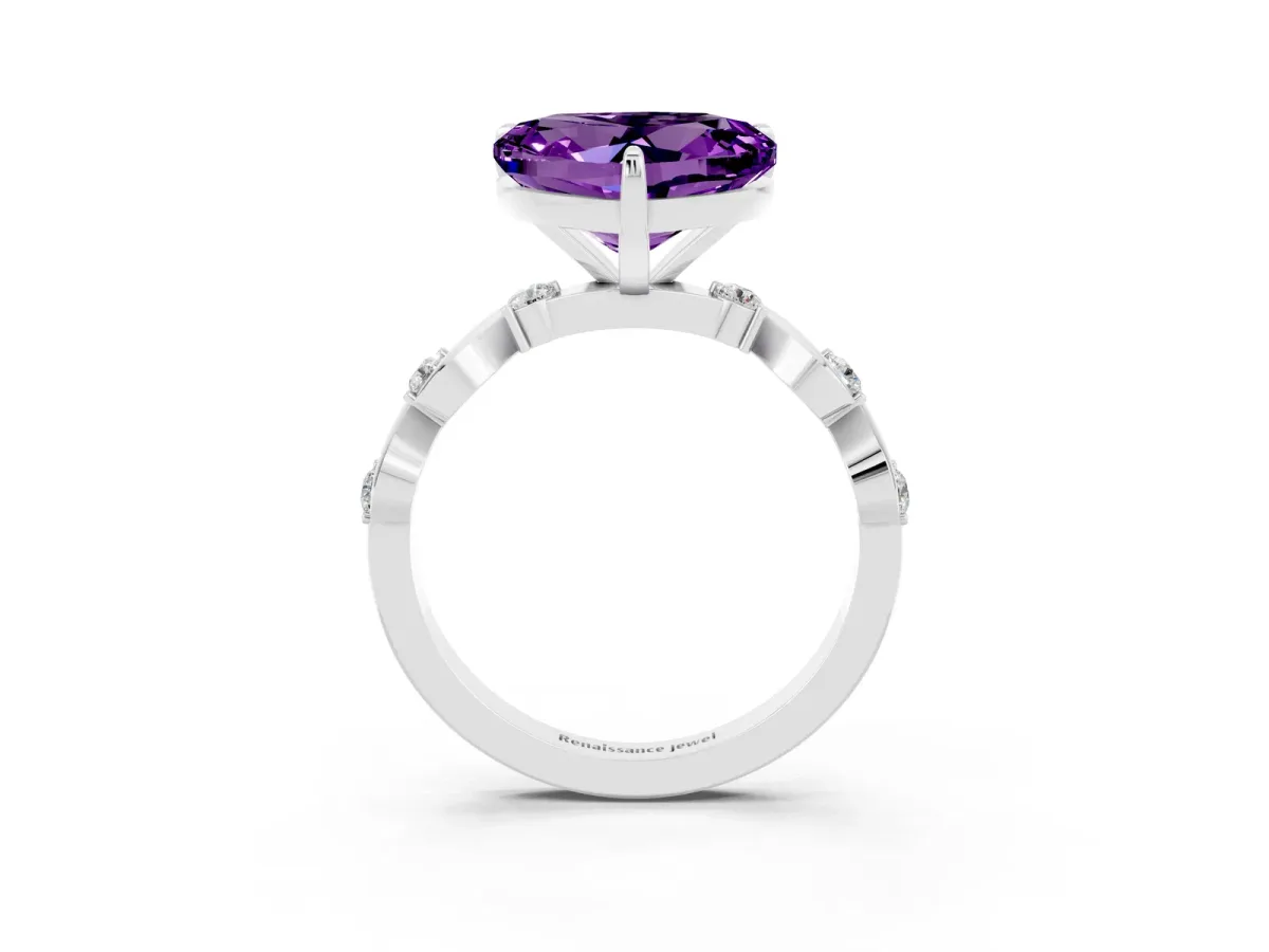 Heart Cut Amethyst Solitaire Twisted Band with Round Accents and Prong Setting White gold