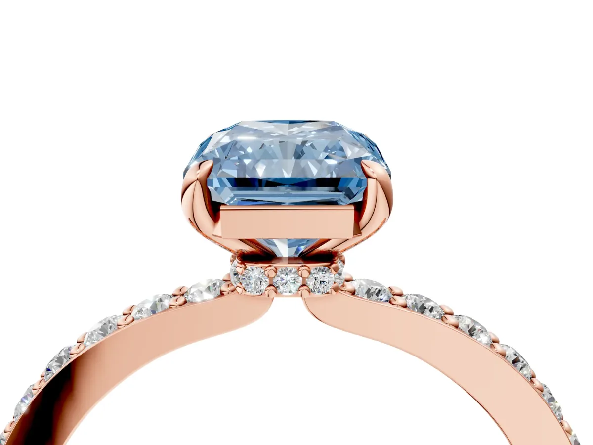 Fancy Blue Radiant Cut Diamond Solitaire Engagement Ring with Pavé Band and Four-Prong Setting Rose gold